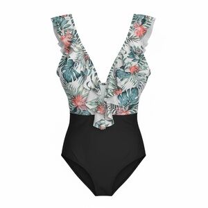 IFFI Womens One Piece Swimsuit NWT V-Neck Floral Ruffle Black Bottom Beach Wear